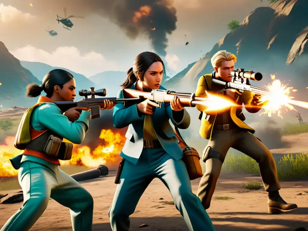 Cuatro jugadores en una intensa batalla de Free Fire, comunicación clave para triunfar