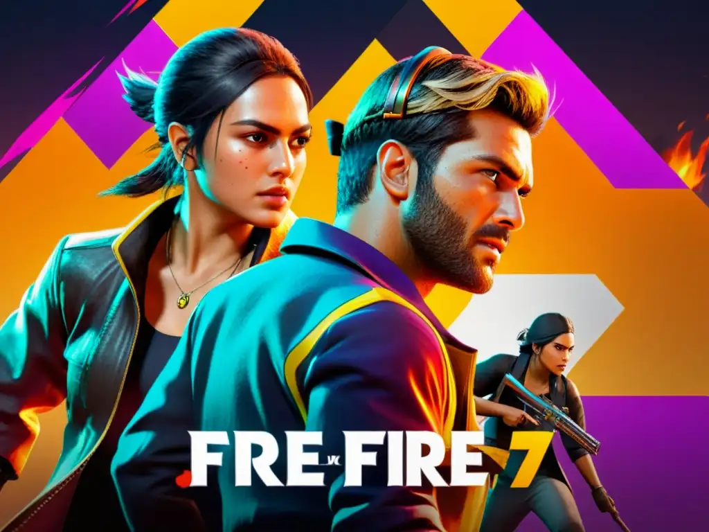 Dos jugadores en intensa batalla en Free Fire, con estrategias y análisis de rivales en el vibrante entorno del juego