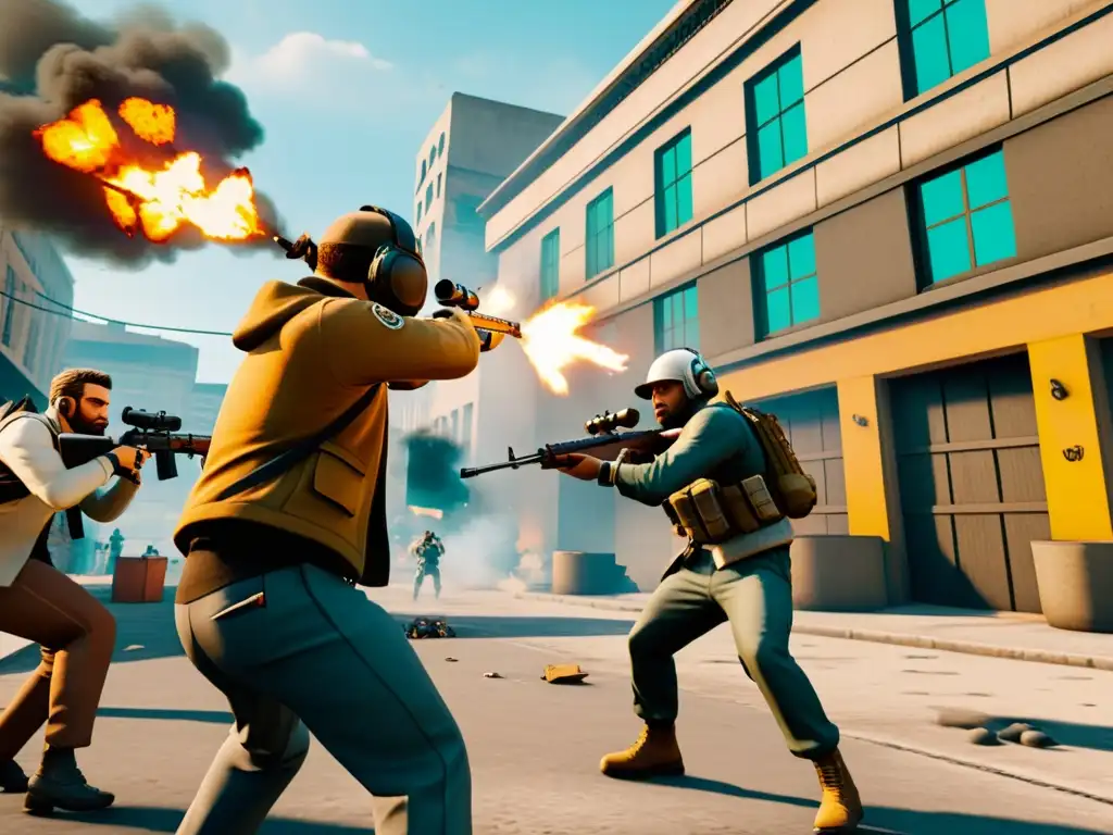 Dos jugadores en una intensa escena de FreeFire, usando tácticas para ganar en un entorno urbano caótico