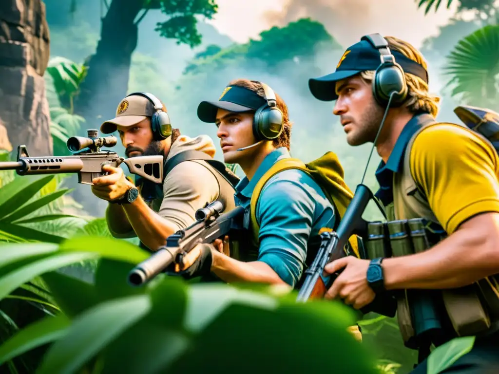 Jugadores de Free Fire en la jungla, con concentración intensa en tácticas de intimidación en Free Fire