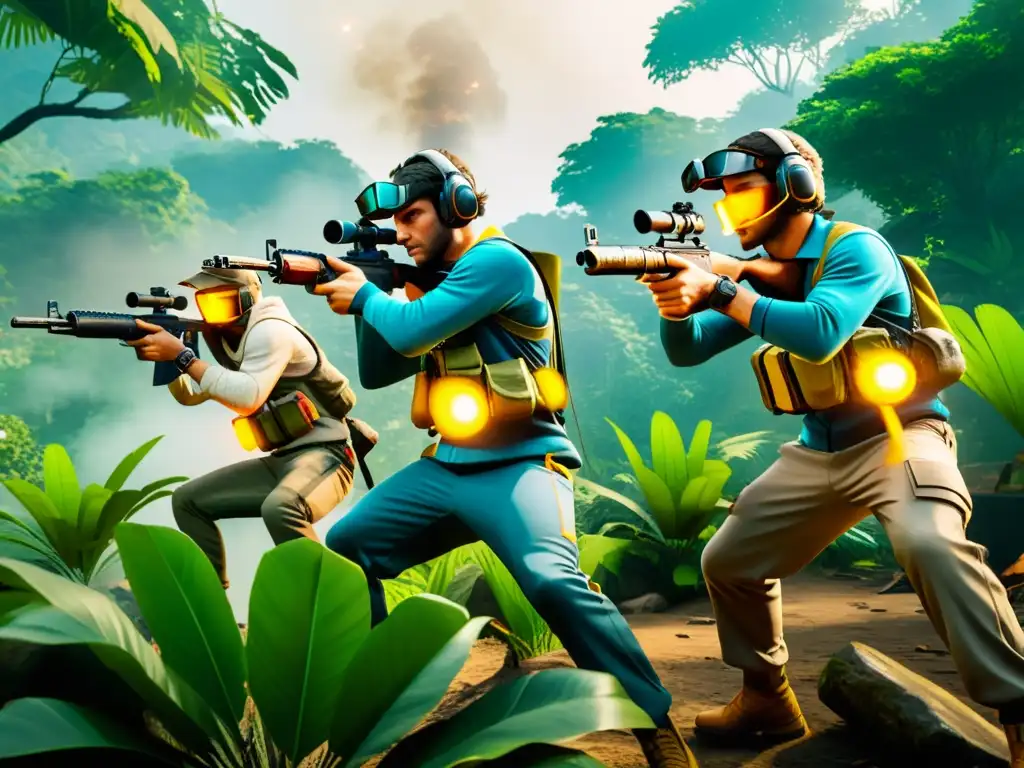 Jugadores de Free Fire en la jungla, estratégicos y concentrados, usando técnicas psicológicas para intimidar en el juego