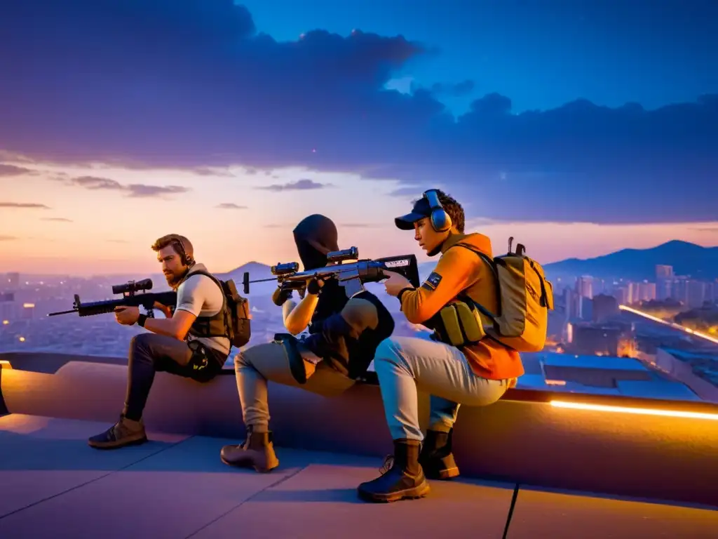 Jugadores de FreeFire en maniobras y estrategias de combate en un atardecer urbano, mostrando determinación y enfoque