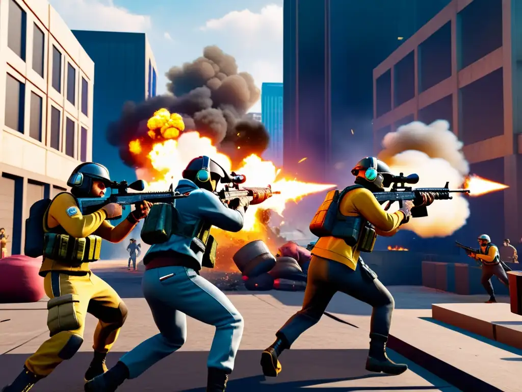 Jugadores de Free Fire usando las mejores estrategias de combate en un intenso escenario urbano con fuego y explosiones