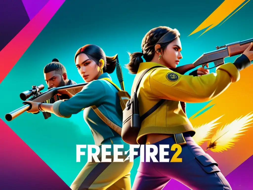 Jugadores usando las mejores estrategias para modos de juego Free Fire en una pantalla de Clash Squad, con acción intensa y colores vibrantes