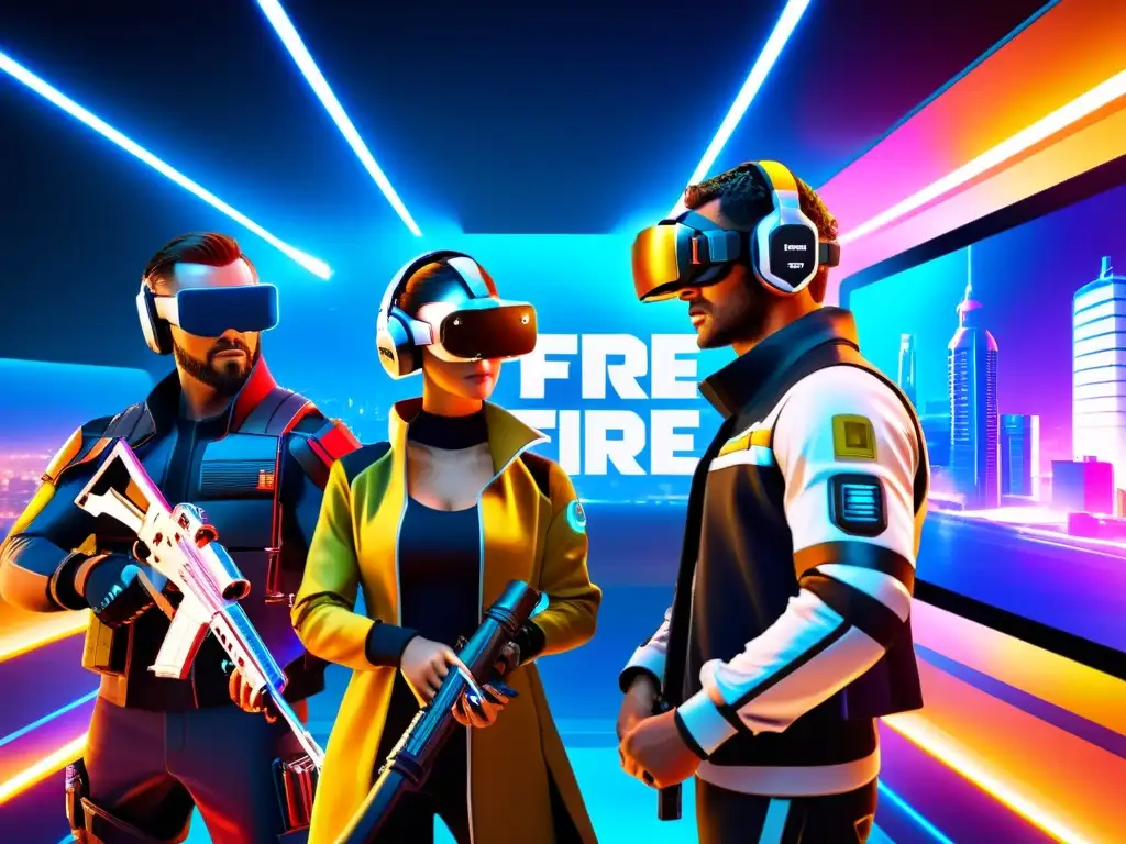 Jugadores de Free Fire equipando nuevo equipo y accesorios en un escenario futurista de alta tecnología con armaduras avanzadas y armas de vanguardia