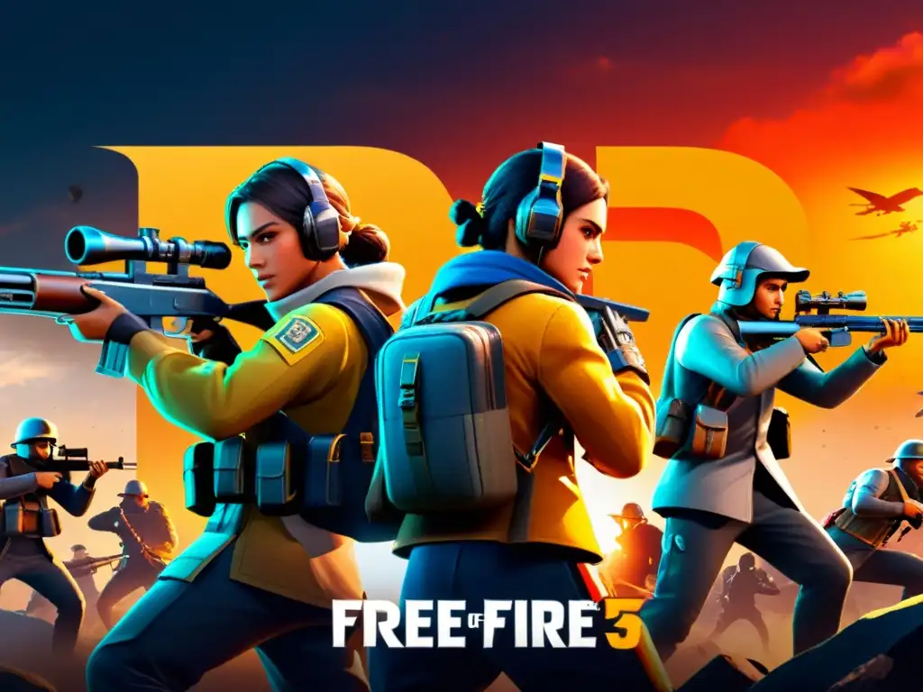 Jugadores de Free Fire fortificando su posición al atardecer, con determinación y trabajo en equipo para asegurar su base