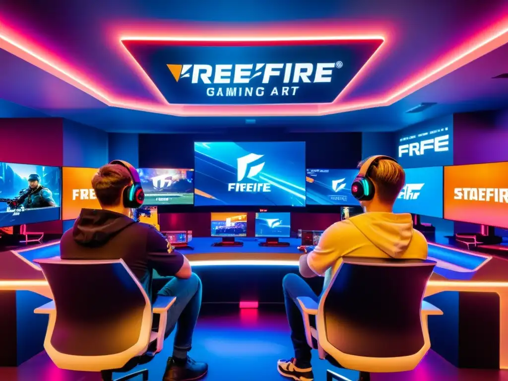 Jugadores profesionales compiten en un escenario futurista de FreeFire, rodeados de luces LED vibrantes