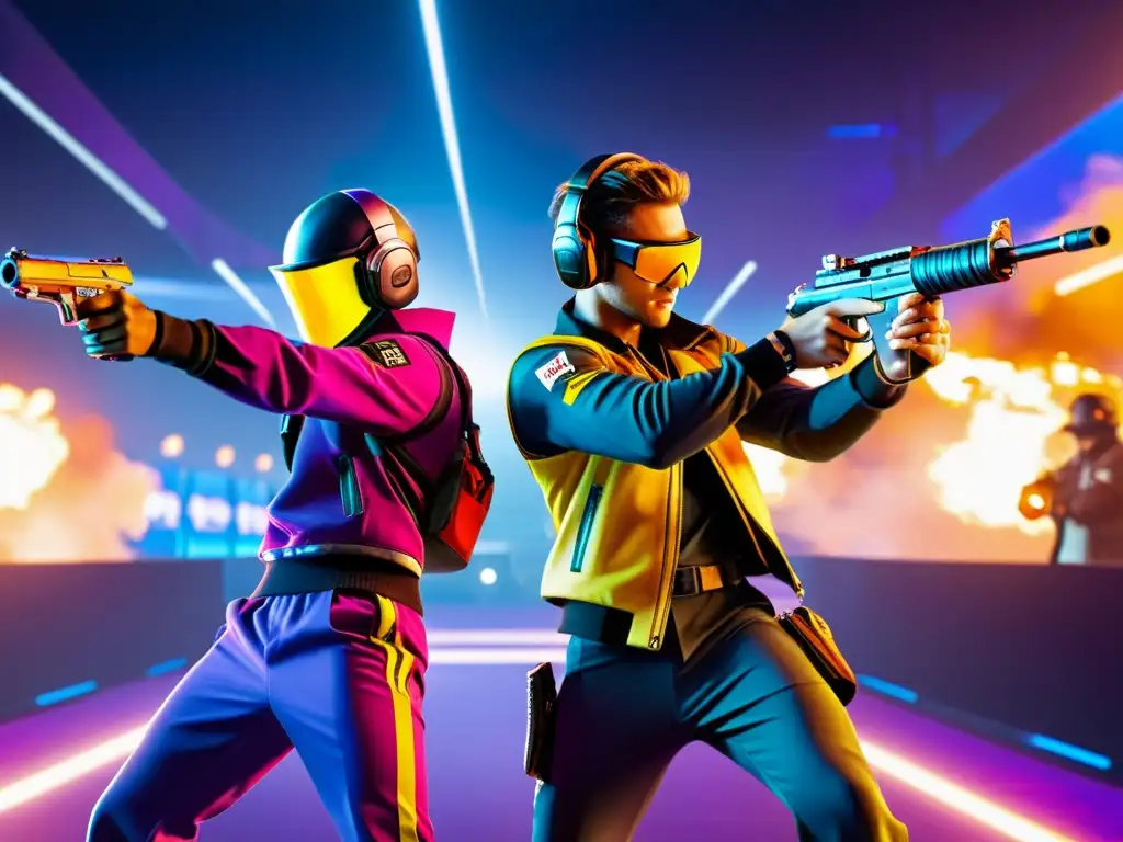 Dos jugadores profesionales de Free Fire con skins opuestas enfrentándose en una batalla intensa en una arena futurista