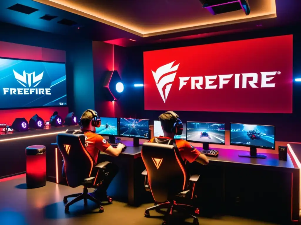 Jugadores profesionales de FreeFire compiten en un torneo de alta competencia en una sala de juego futurista y de alta tecnología