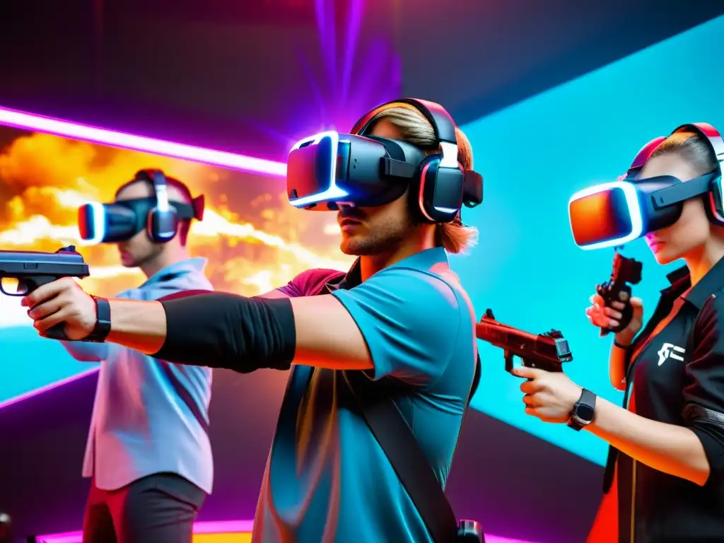 Jugadores de FreeFire en realidad virtual y aumentada, inmersos en un intenso combate futurista con armas y elementos interactivos