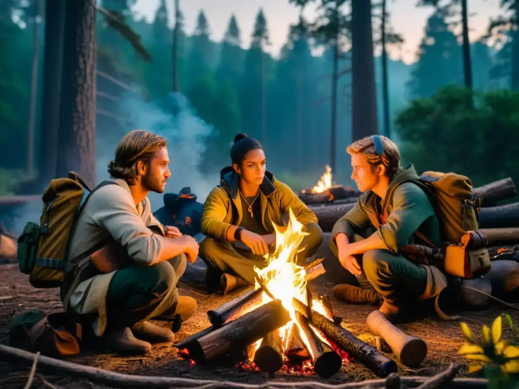 Jugadores de Free Fire reunidos alrededor de una fogata en el bosque, planificando estrategias con los mejores paquetes inicio Free Fire