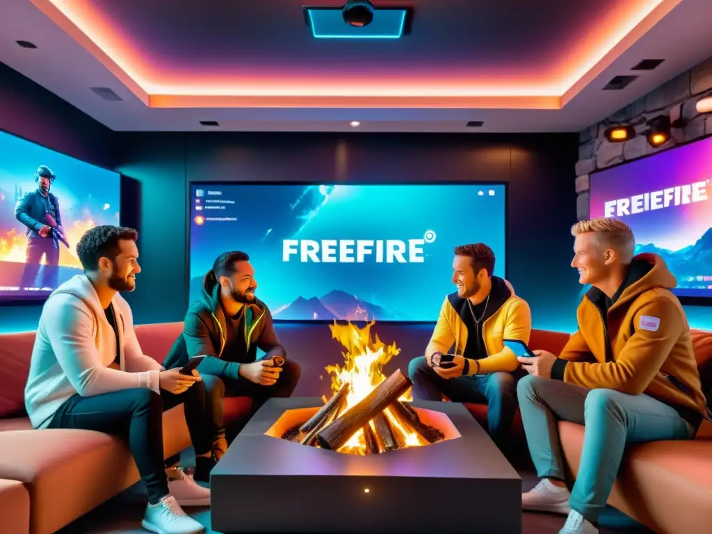 Jugadores de FreeFire reunidos alrededor de una fogata virtual, con un panel de email marketing dinámico en segundo plano