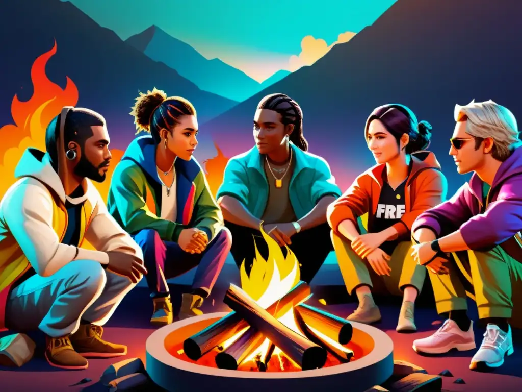 Jugadores de Free Fire reunidos alrededor de una fogata virtual, mejorando comunidad Free Fire con diversidad y camaradería