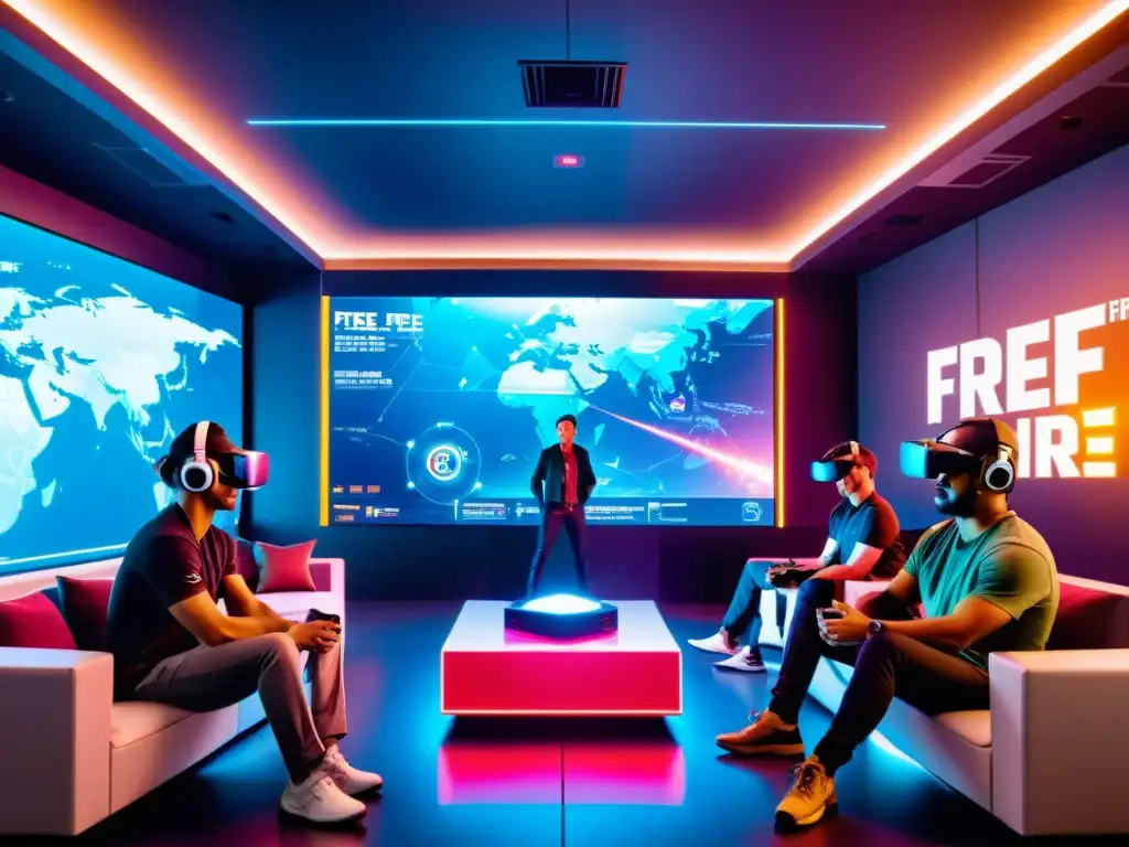 Jugadores de Free Fire en sala futurista de realidad virtual, planificando estrategias colaborativas con hologramas y tecnología de vanguardia