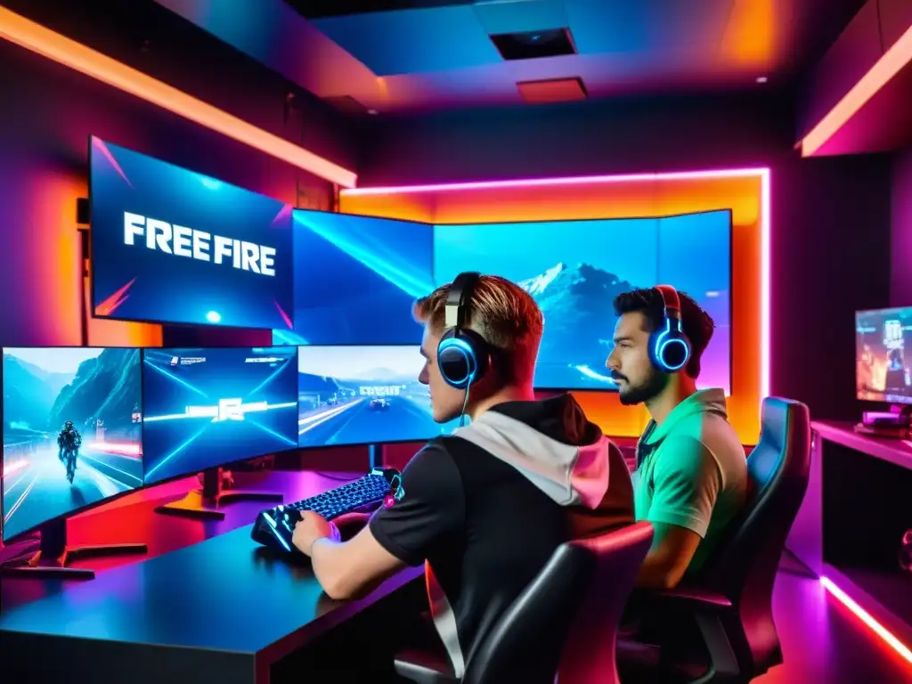 Jugadores de Free Fire en una sala de juego futurista, comunicándose con determinación