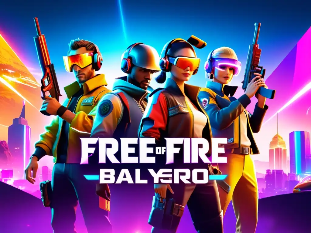 Jugadores de Free Fire celebrando su victoria en un vibrante y futurista campo de batalla virtual, rodeados de recompensas de neón brillante