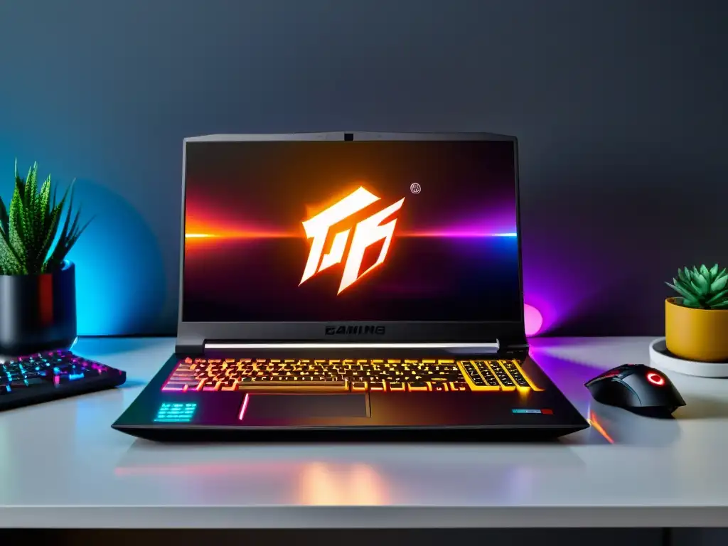 Una laptop gaming con diseño moderno, luces LED coloridas y el mejor procesador para FreeFire, sobre un escritorio minimalista con periféricos