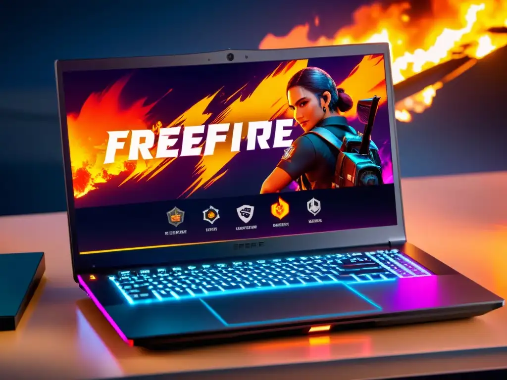 Una laptop gamer muestra una intensa partida de FreeFire con gráficos vibrantes y detallados