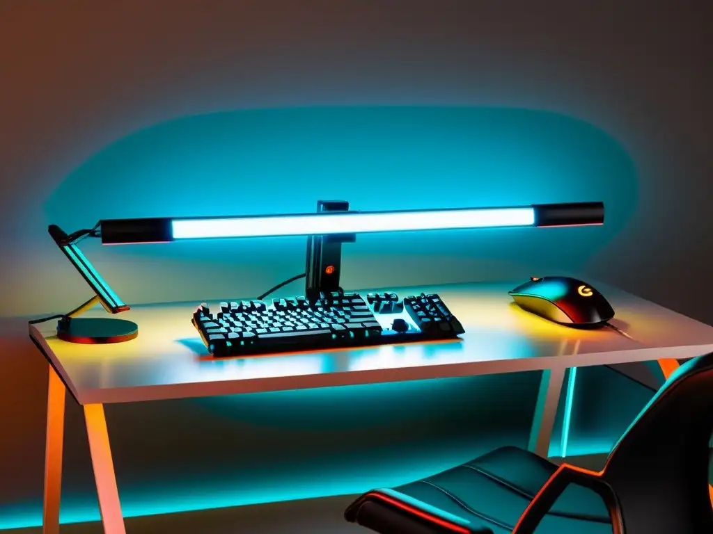 Una lámpara LED moderna ilumina un setup de gaming futurista con las mejores lámparas LED Free Fire, creando un ambiente inmersivo y dinámico