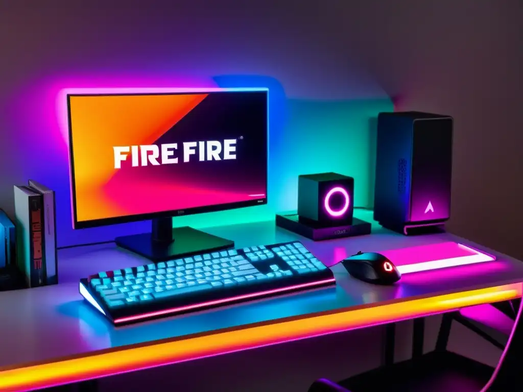 Una lámpara LED moderna ilumina un setup de juegos, creando un ambiente vibrante y envolvente para los entusiastas de Free Fire