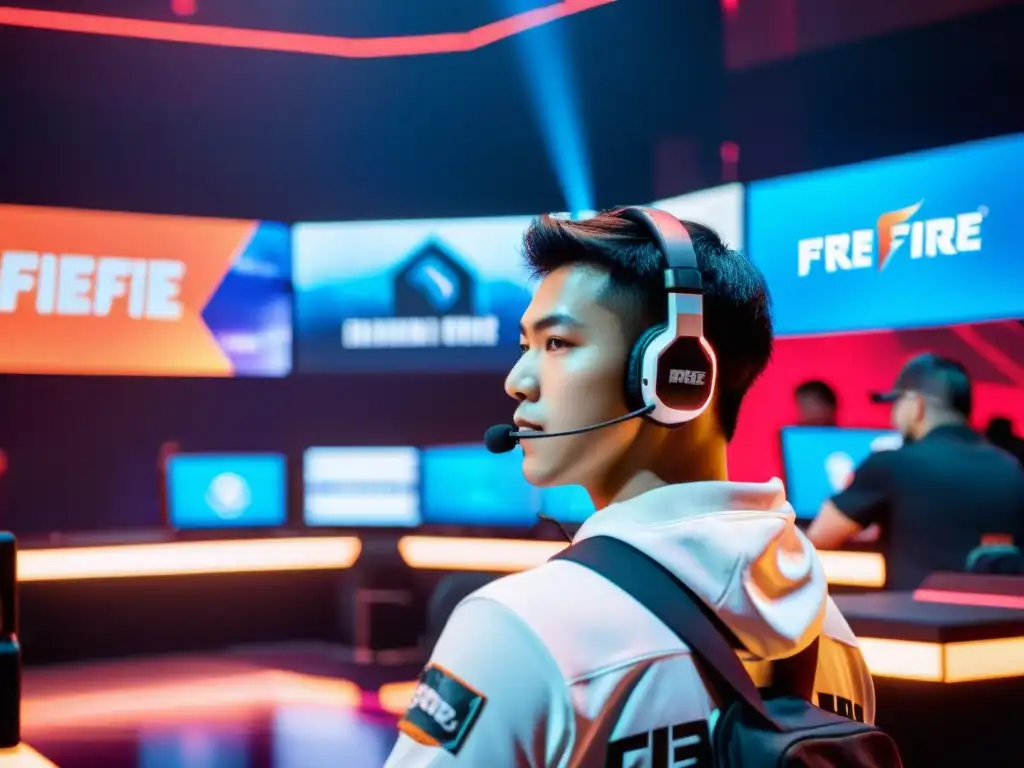 Un líder en la competencia de FreeFire eSports, dirige con determinación y precisión a su equipo en una arena futurista llena de emoción