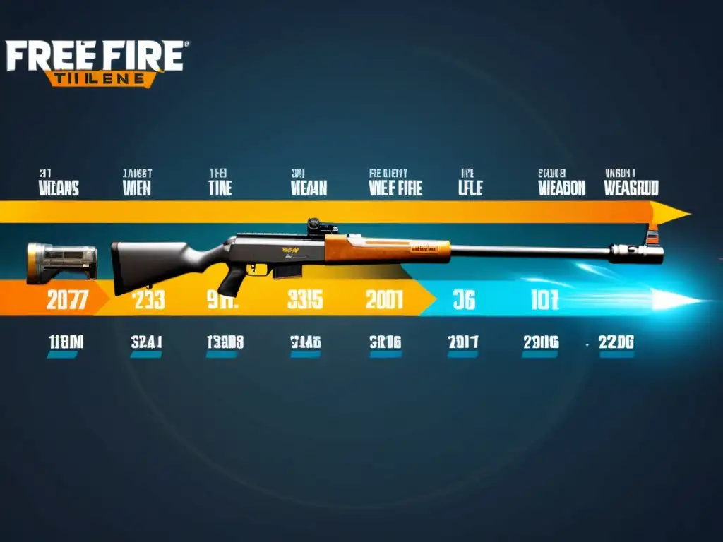 Una línea de tiempo detallada muestra la transformación de armas en Free Fire, con ilustraciones de alta calidad en un escenario futurista