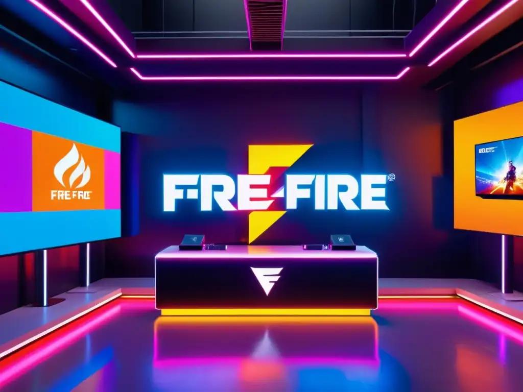 Logo de Free Fire en entorno de realidad virtual futurista, reflejando innovación en patrocinios de Free Fire