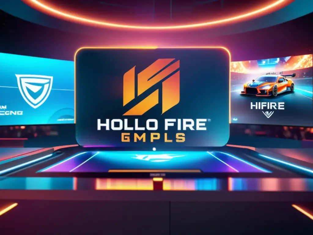 Logo de equipo eSports en pantalla holográfica con analítica de patrocinios en Free Fire y emocionante gameplay de fondo