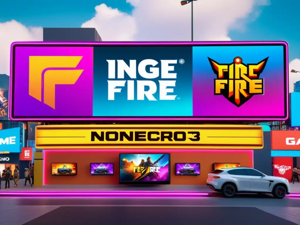 Logos de marcas no endémicas en billboards de Free Fire, integrados en un mundo virtual vibrante, moderno y futurista