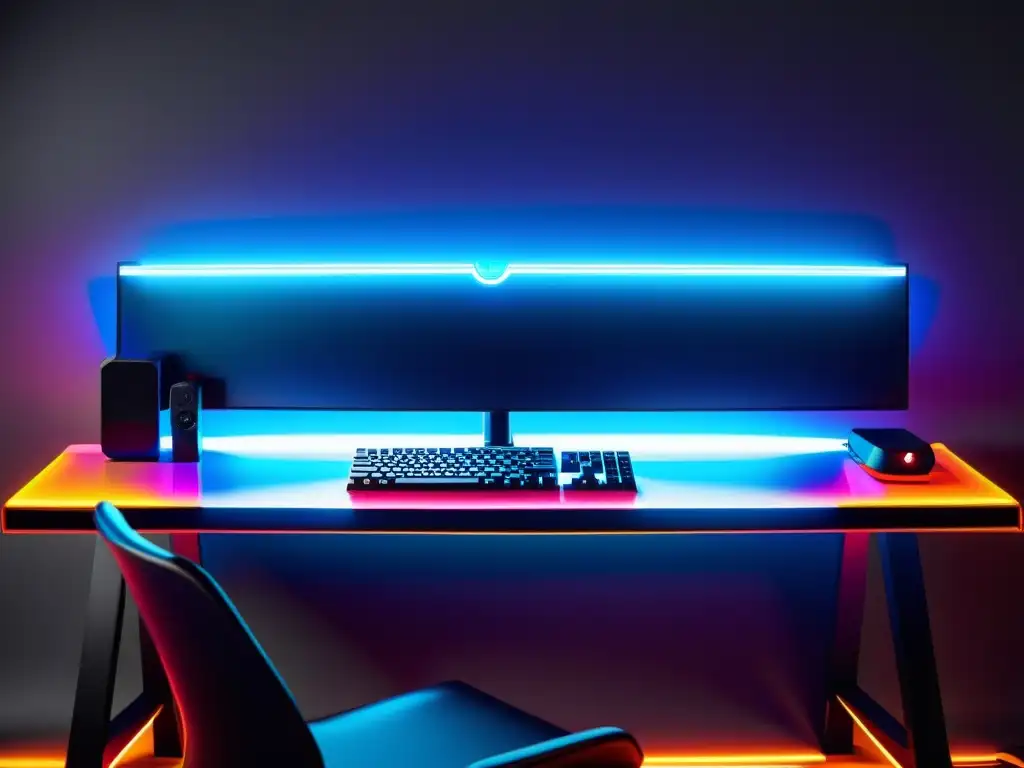 Luces LED para decoración gamers: Una tira de luces LED moderna ilumina el espacio de juego, creando un ambiente vibrante y envolvente