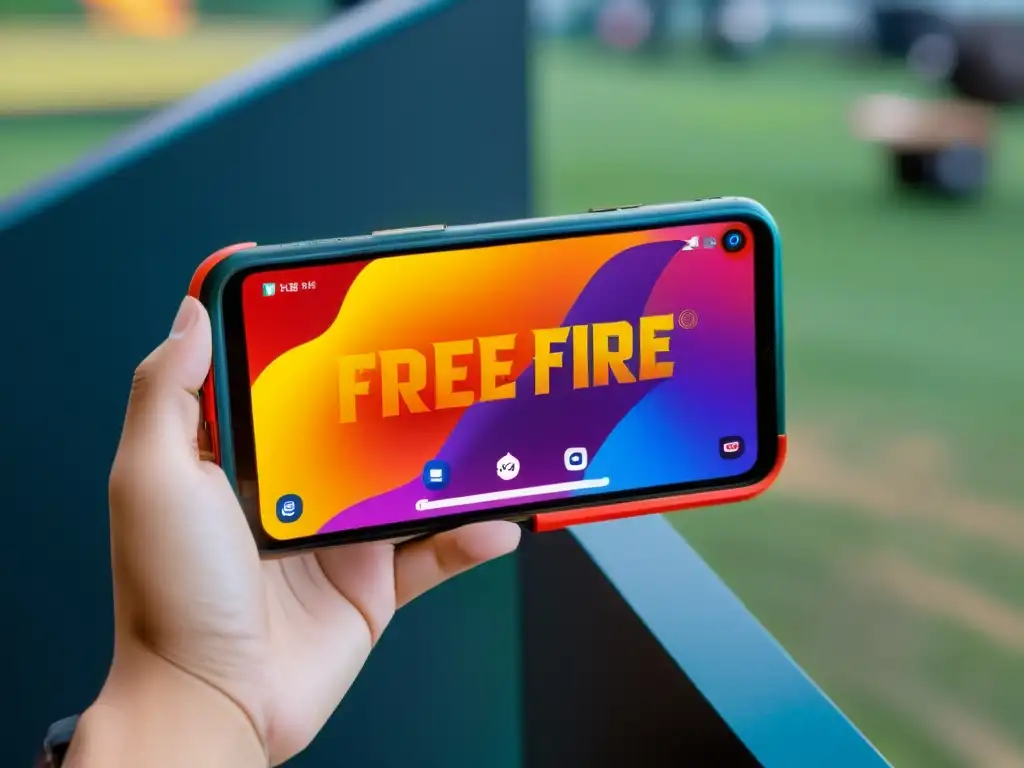 Mano sostiene el mejor smartphone para jugar Free Fire, pantalla vibrante y gráficos intensos, ambiente futurista y profesional