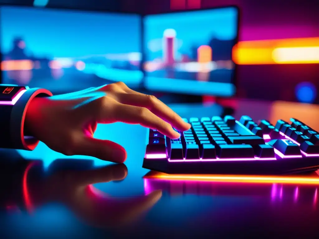 Mano hábil en teclado y mouse, luces LED futuristas, monitores con juego FreeFire veloz y ciudad neón