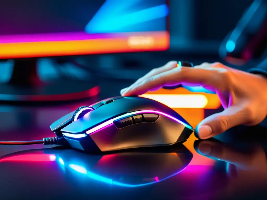 Las manos expertas de un gamer maniobrando un mouse con iluminación RGB, reflejando la precisión y enfoque en FreeFire