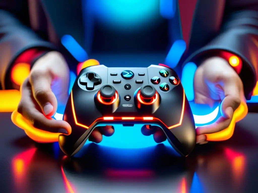 Manos de gamer profesional sostienen un control con luces LED y diseño ergonómico