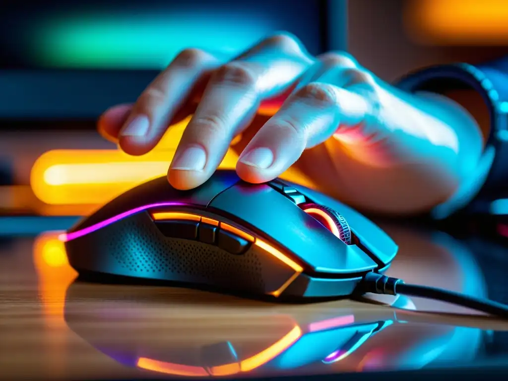 Las manos del gamer profesional sujetan con intensidad un mouse gaming premium, con un brillo de sudor y luces RGB