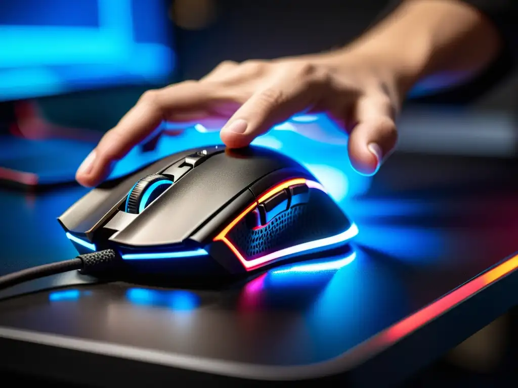 Las manos de un gamer profesional se aferran a un mouse para gaming de alta gama con iluminación LED personalizable