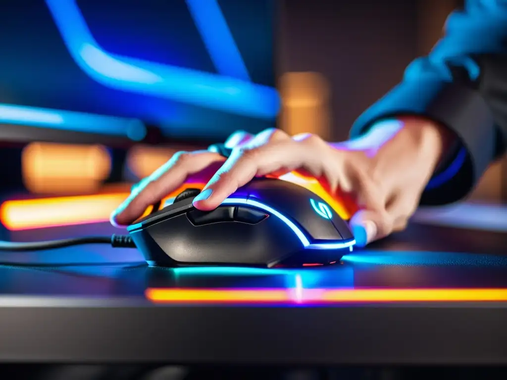 Manos de jugador de esports concentrado en juego intenso, con mouse y teclado iluminados