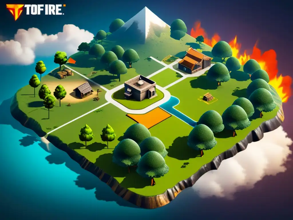 Mapa detallado de Free Fire resaltando estrategias de uso del terreno, con edificios, colinas y bosques para ventaja táctica en el juego