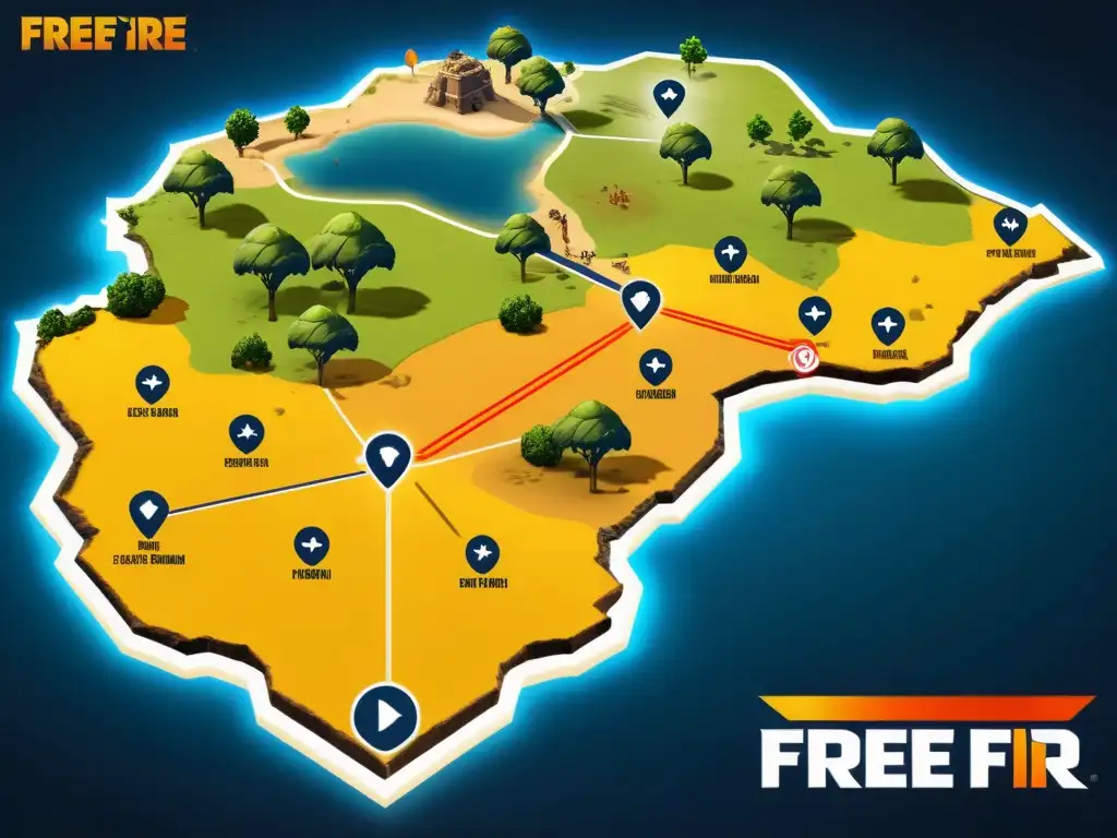 Mapa detallado de Free Fire en 8k mostrando el posicionamiento estratégico en el juego, resaltando puntos clave y áreas estratégicas