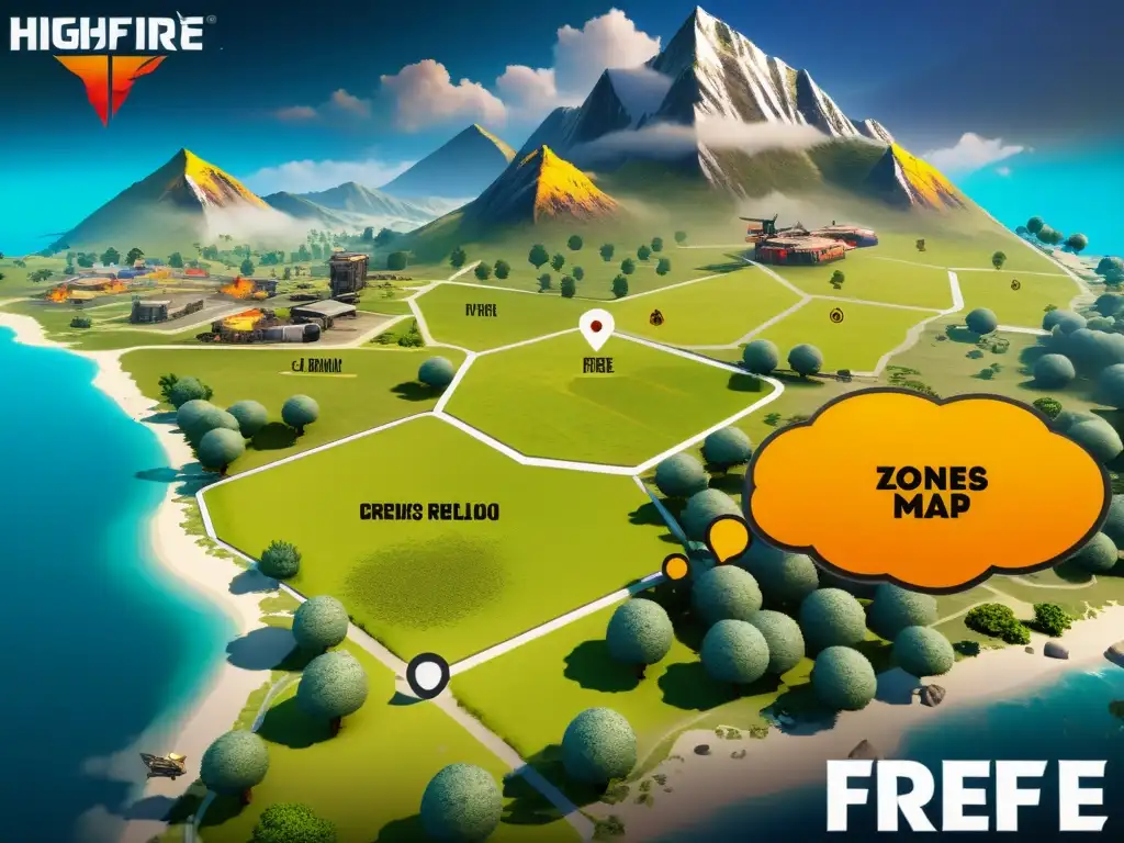 Mapa detallado de Free Fire con puntos de interés y zonas de descenso destacadas, ideal para elegir tu punto de descenso en Free Fire