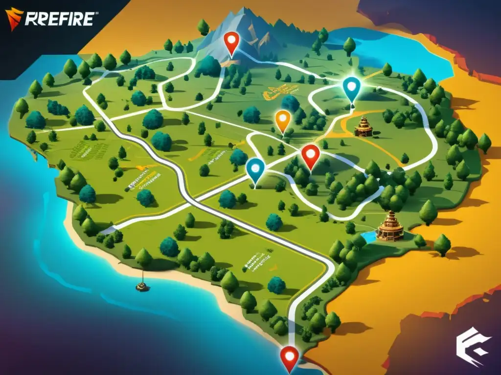 Mapa detallado de FreeFire con rutas estratégicas marcadas en colores vibrantes, guiando a los jugadores hacia estrategias seguras en FreeFire