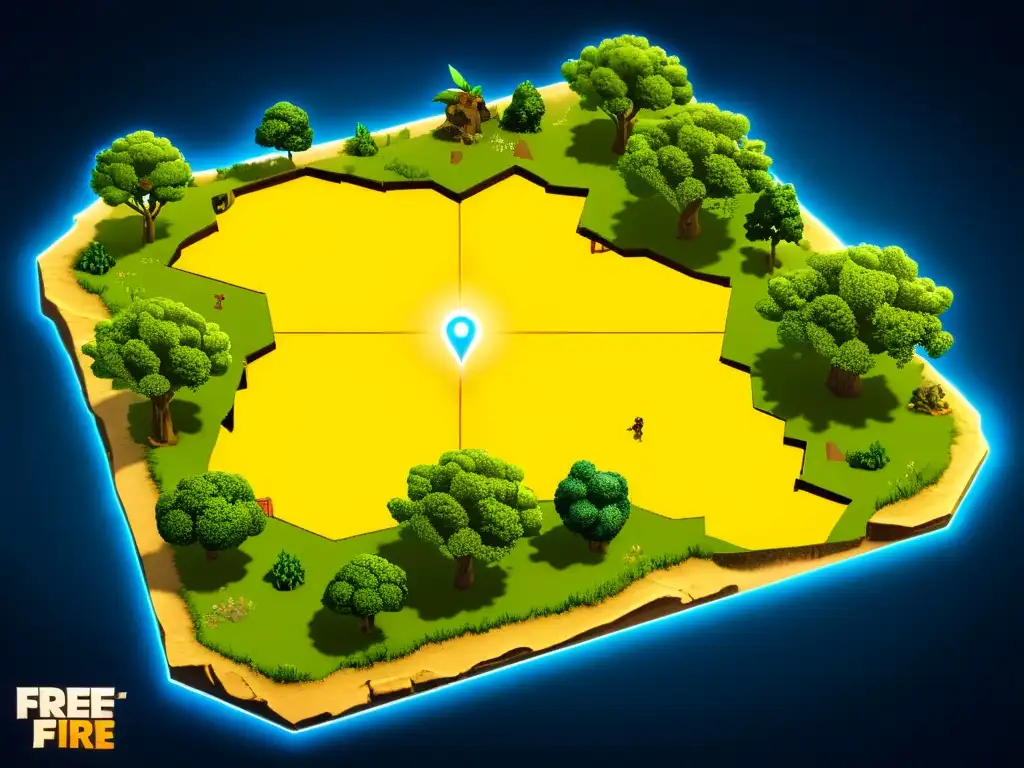 Mapa detallado de Free Fire con secretos y misteriosos paisajes iluminados dramáticamente, creando intriga y misterio