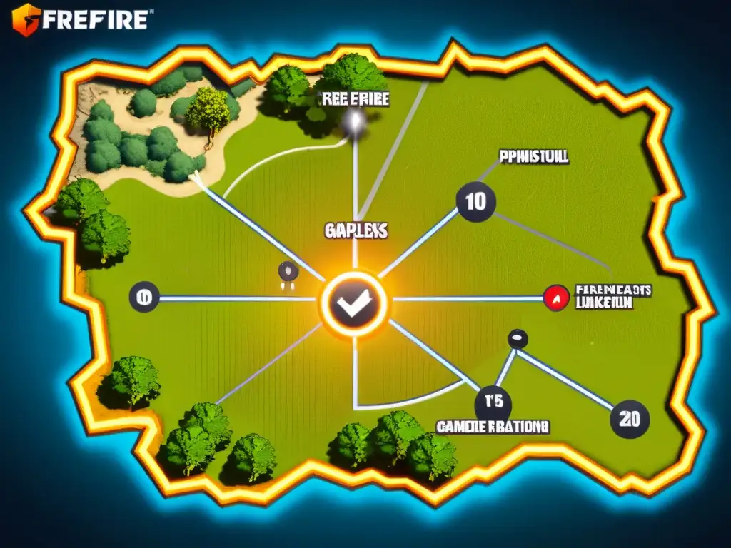 Mapa detallado de FreeFire con tácticas avanzadas, rutas y marcadores estratégicos para jugadores