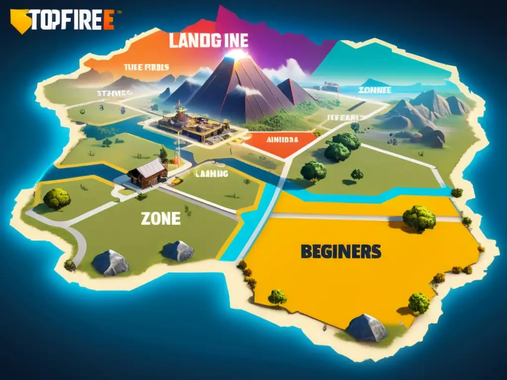 Mapa detallado de Free Fire con zonas de aterrizaje para principiantes, mostrando la vibrante vida y estrategia del juego