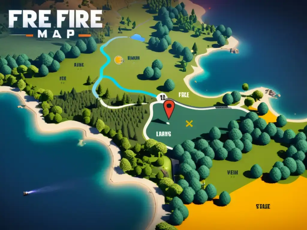 Mapa detallado de Free Fire con zonas de aterrizaje destacadas en colores vibrantes y contrastantes, ofreciendo información estratégica para jugadores