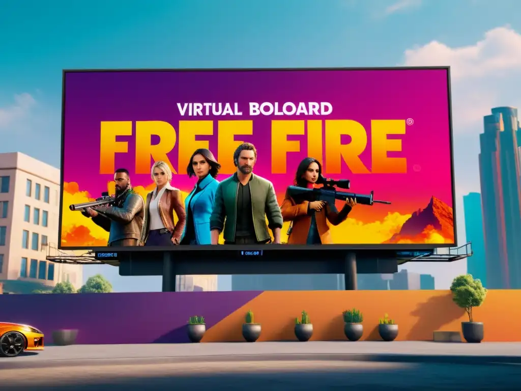 Marketing de empresas no endémicas en Free Fire: Un emocionante anuncio en un billboard virtual, con colores vibrantes y personajes del juego