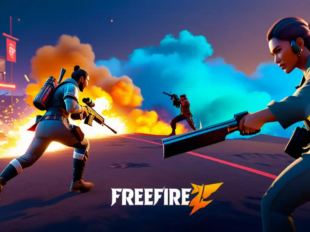 Marketing viral para juegos FreeFire: Intenso combate con efectos visuales vibrantes y acción estratégica