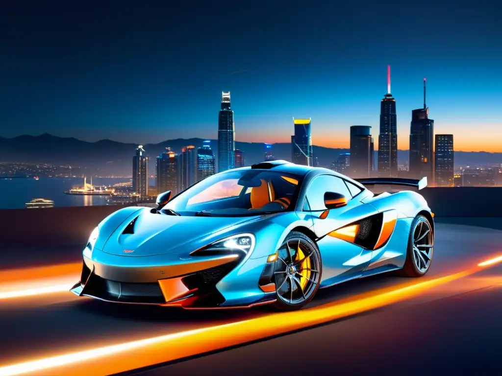 Un McLaren con marca Free Fire frente a la ciudad de noche, refleja la energía de colaboraciones épicas asociaciones marca Free Fire