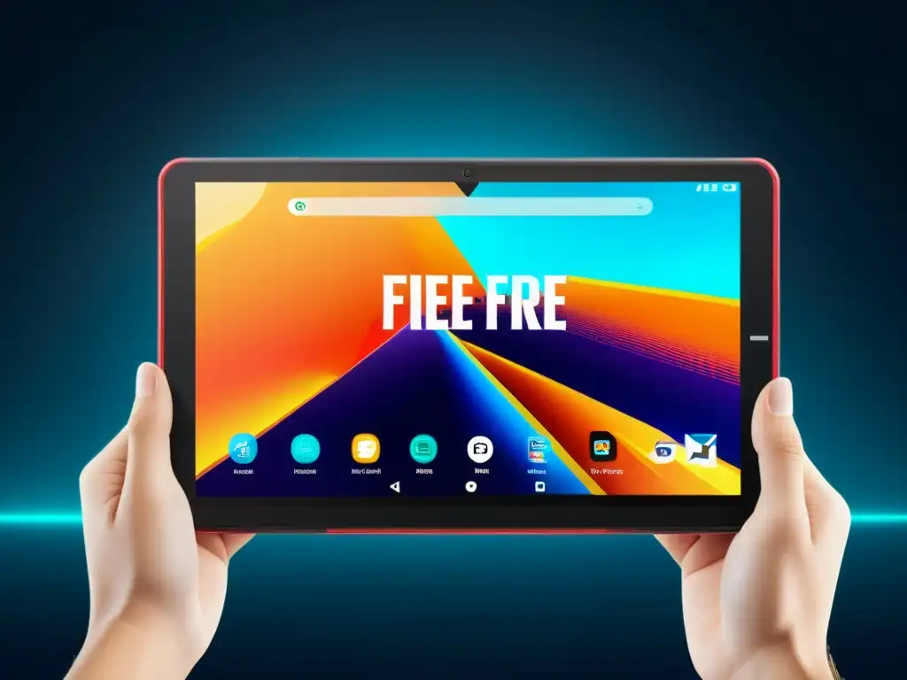 Mejor dispositivo para jugar Free Fire: Tableta moderna con intensa partida en pantalla, manos que la sostienen y ambiente gaming futurista