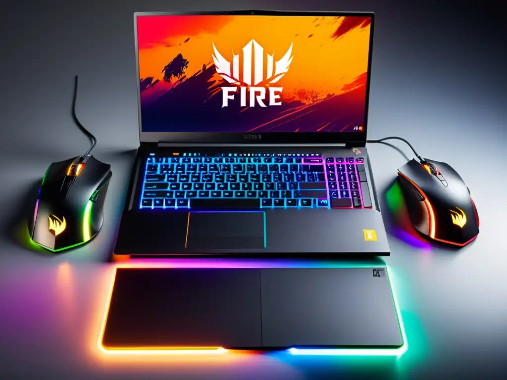 El mejor portátil gaming para Free Fire en una escena futurista con iluminación ambiental y accesorios de gaming